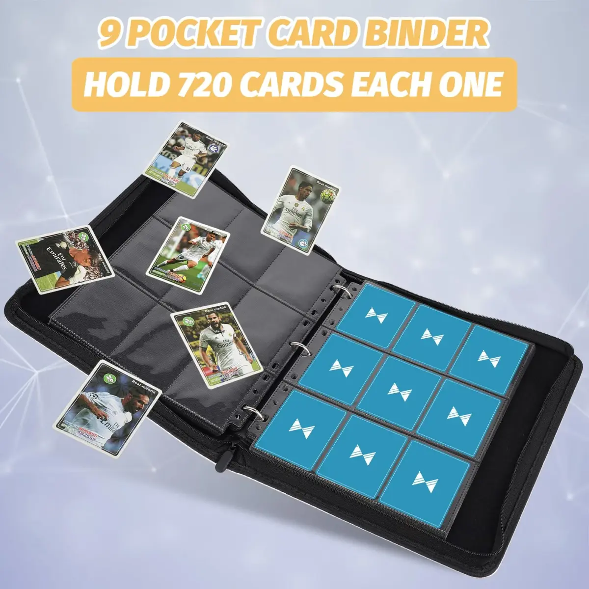 GERMUN 3 Ring 9 Pocket Zipper Card Binder, 720 Double Sided Standard PU Trading Card Album Folder for TCG & Sports Cards (Lake Blue) - view 5