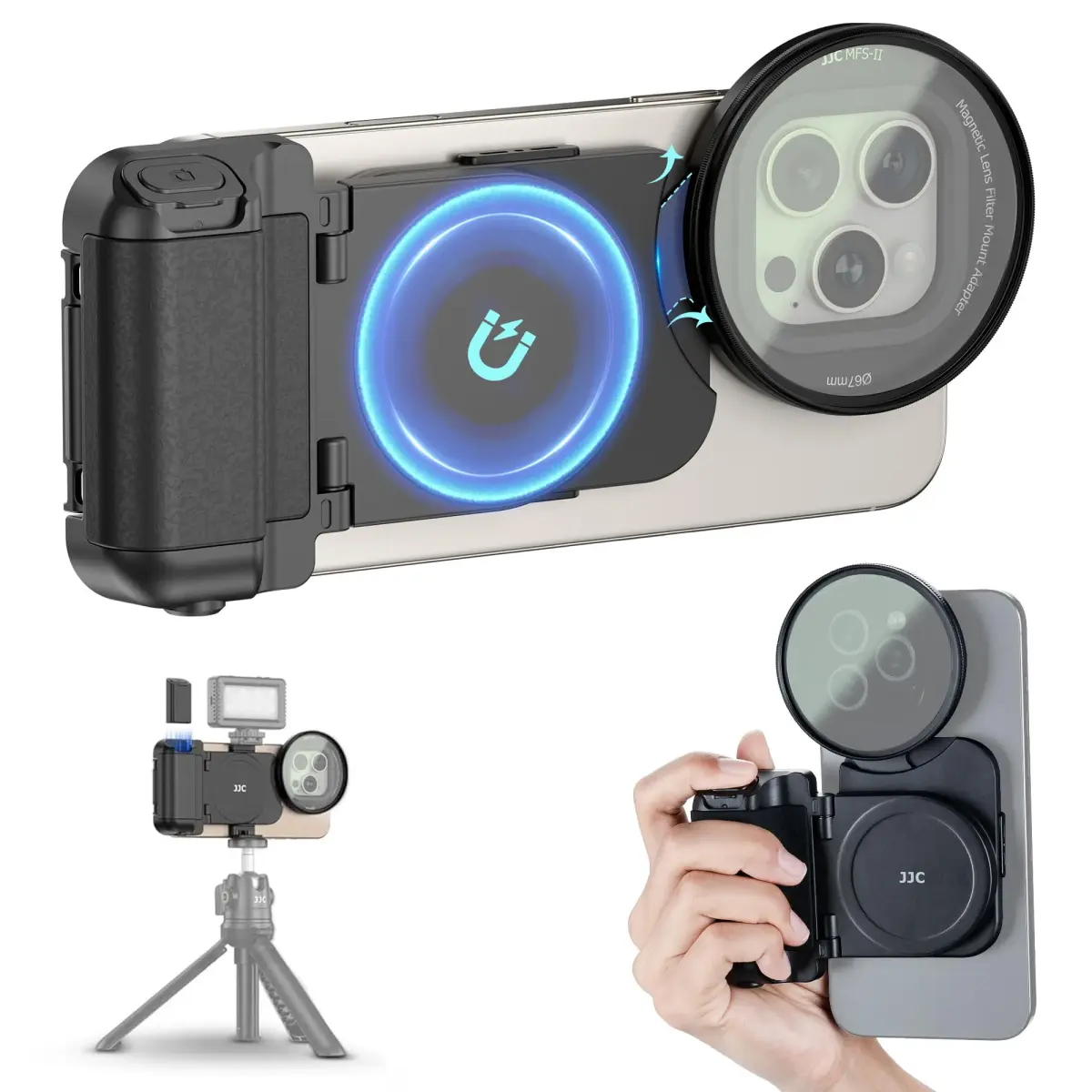 JJC 67mm Magnetic Filter Mount + Snap Grip Set for iPhone 16/15/14 Pro/Pro Max/Plus | Universal Phone Lens Adapter with Cold Shoe & 1/4" Mount - main product image