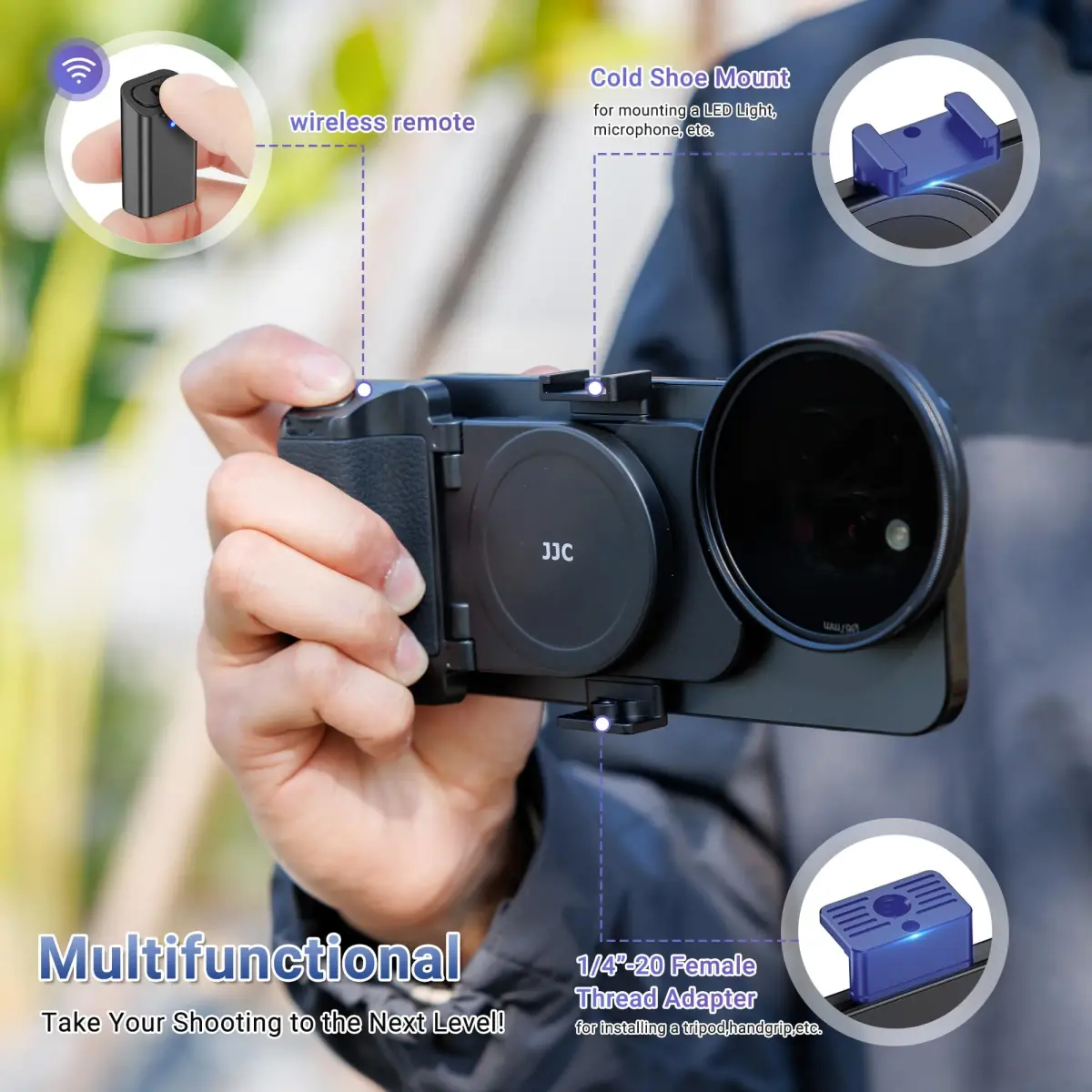 JJC 67mm Magnetic Filter Mount + Snap Grip Set for iPhone 16/15/14 Pro/Pro Max/Plus | Universal Phone Lens Adapter with Cold Shoe & 1/4" Mount - view 4
