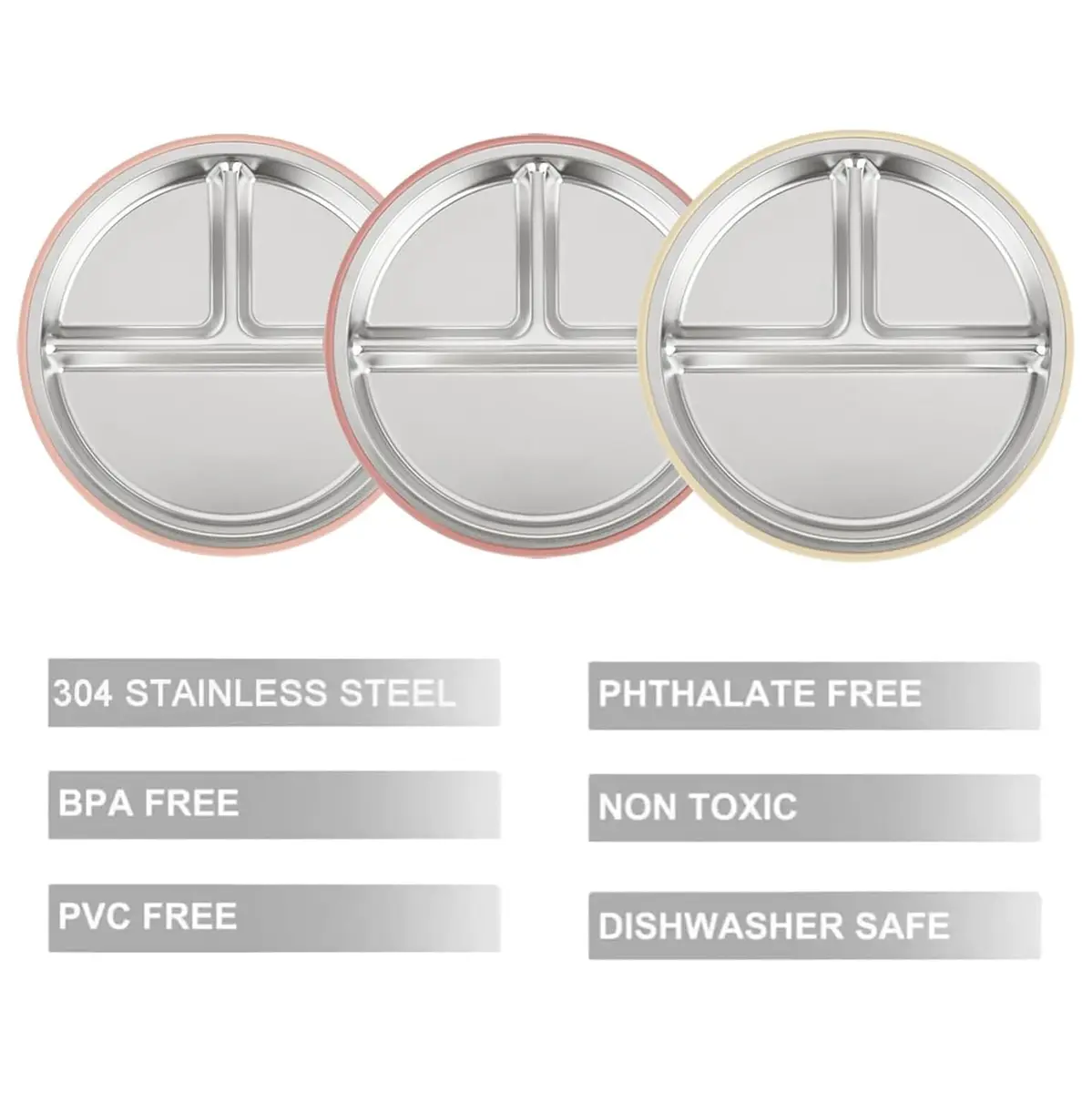 PandaEar 3 Pack Stainless Steel Baby Suction Plates | Divided Toddler Plate for Baby Led Weaning, Non-Slip, Dishwasher Safe (Pink/Linen/Light Pink) - view 4
