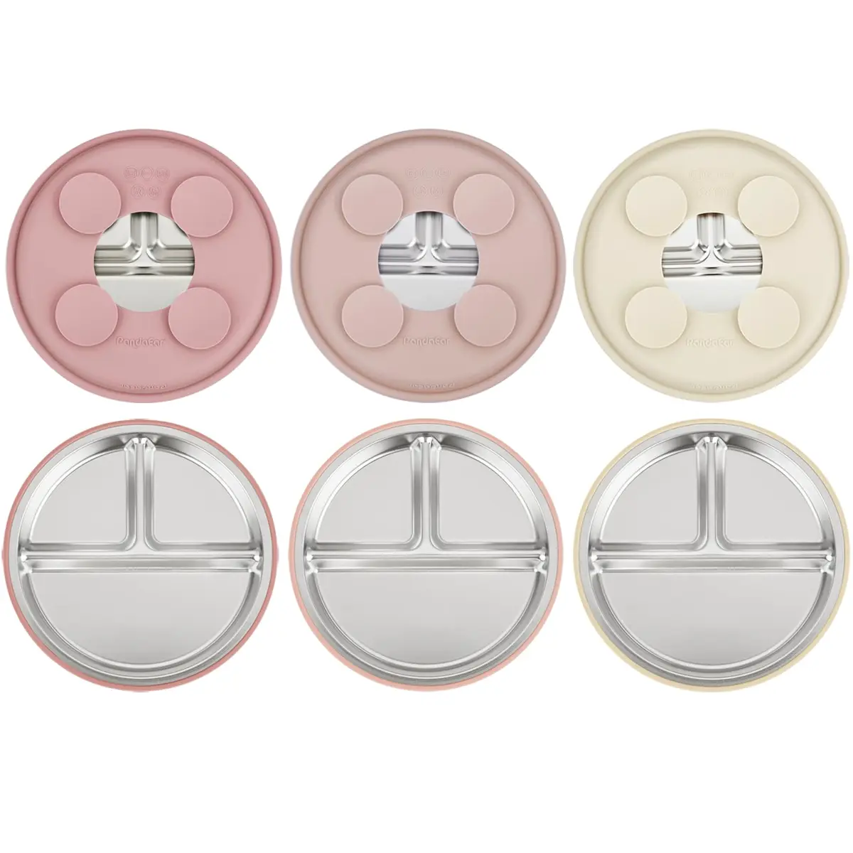 PandaEar 3 Pack Stainless Steel Baby Suction Plates | Divided Toddler Plate for Baby Led Weaning, Non-Slip, Dishwasher Safe (Pink/Linen/Light Pink) - main product image