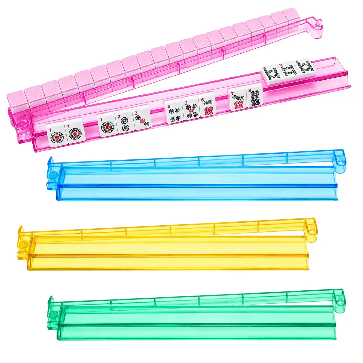 CAYOULR Colourful Mahjong Racks with Pushers Set of 4 | Acrylic Holders for Tabletop Games - main product image