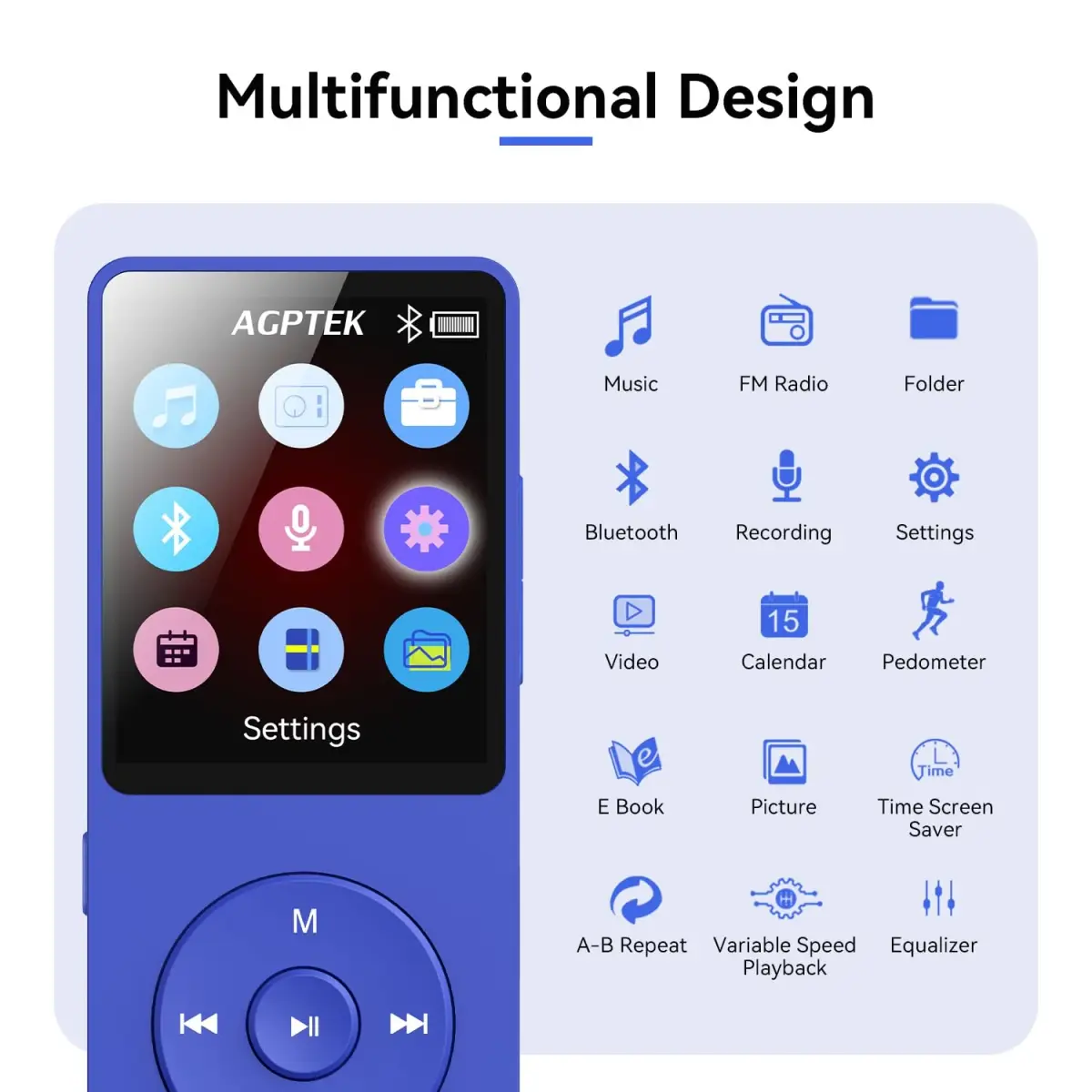 AGPTEK A02 MP3 Player 64GB Blue | Bluetooth 5.3 Portable Music Player with 40-Hour Playback - view 8