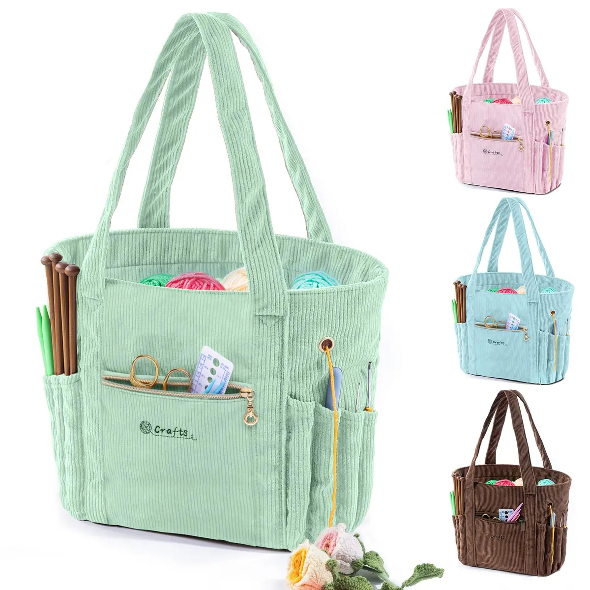 MYBAGZING Corduroy Crochet Bag 11.5" Large Yarn Storage Tote with Grommets | Stylish & Spacious Yarn Organizer for Knitters & Crocheters - main product image