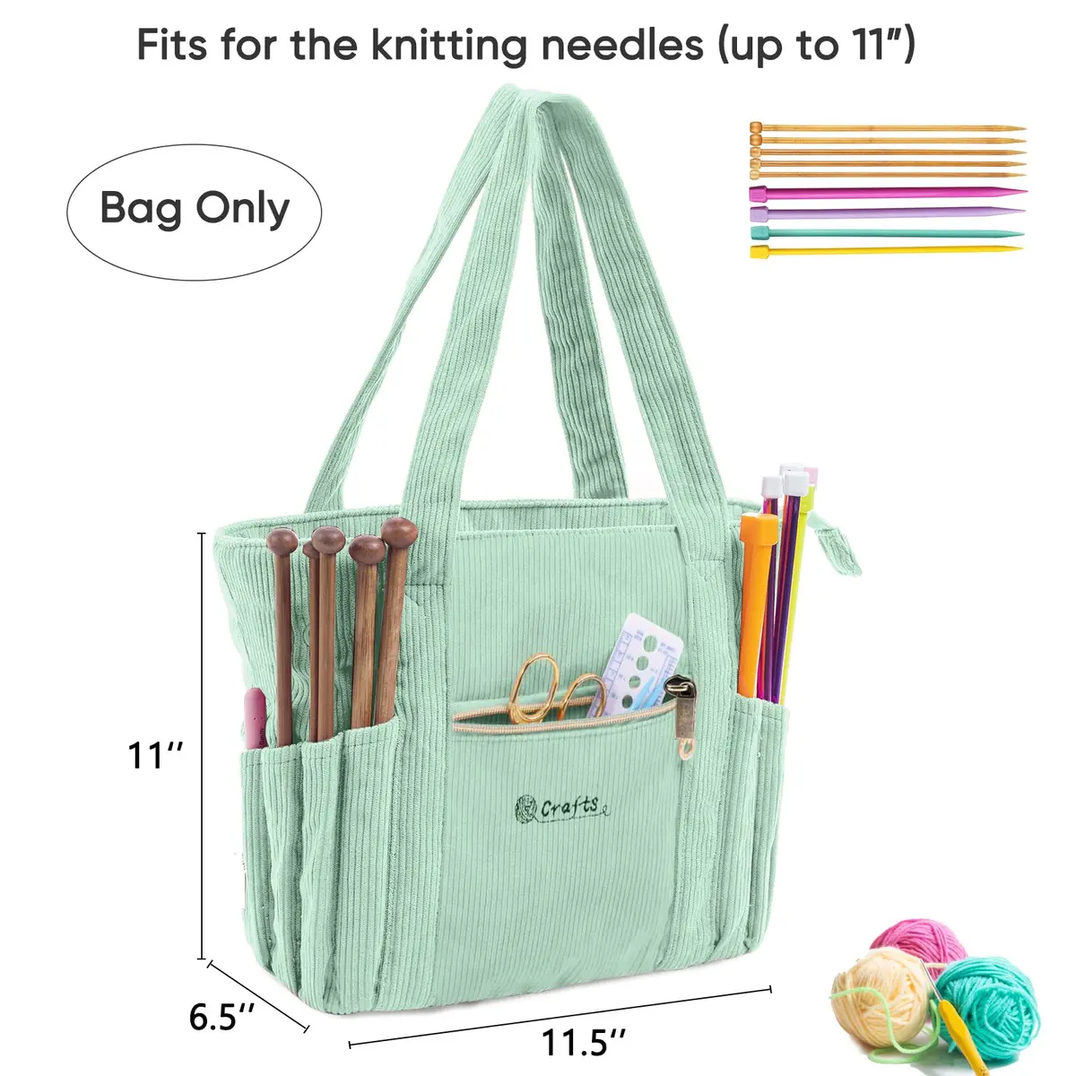 MYBAGZING Corduroy Crochet Bag 11.5" Large Yarn Storage Tote with Grommets | Stylish & Spacious Yarn Organizer for Knitters & Crocheters - view 5