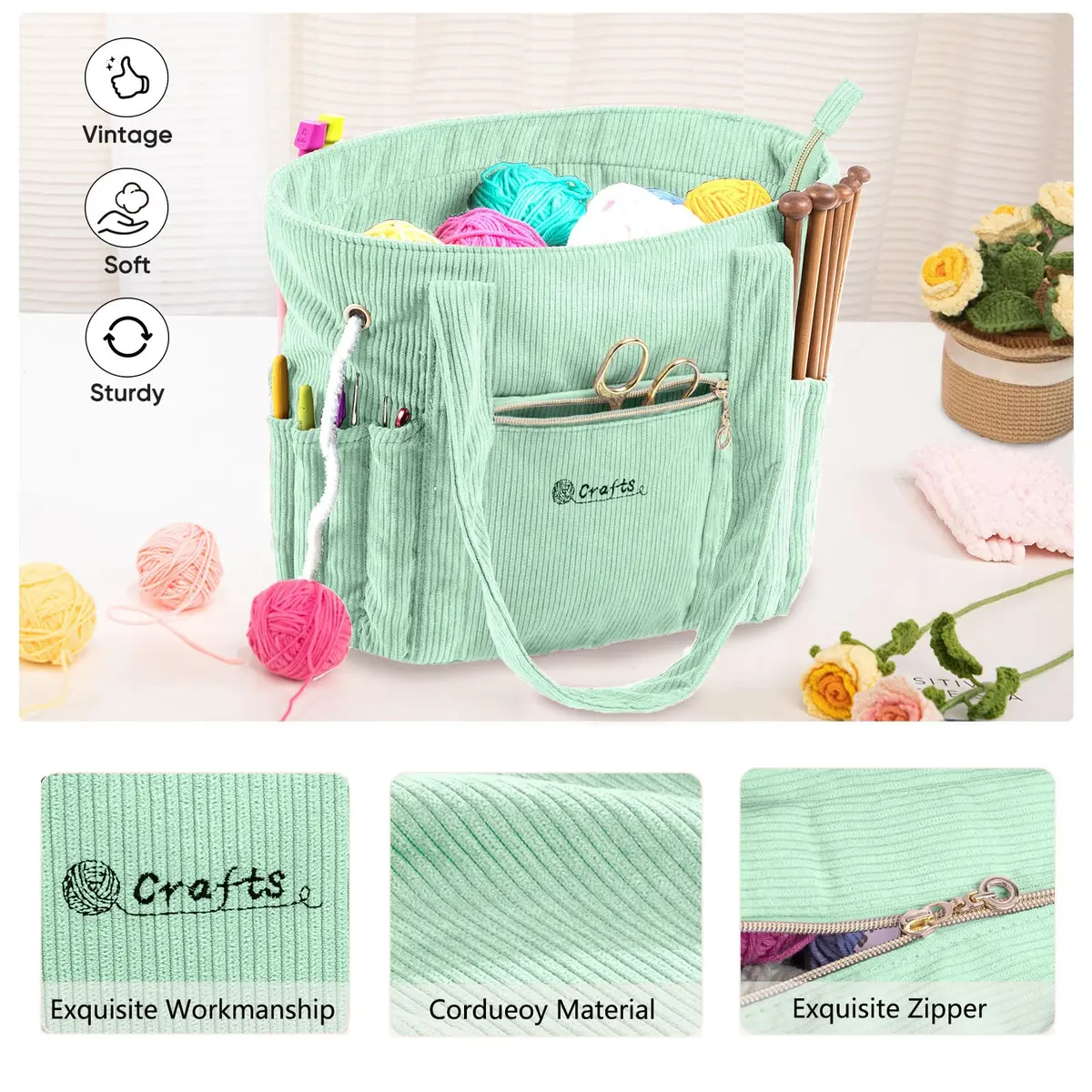 MYBAGZING Corduroy Crochet Bag 11.5" Large Yarn Storage Tote with Grommets | Stylish & Spacious Yarn Organizer for Knitters & Crocheters - view 6