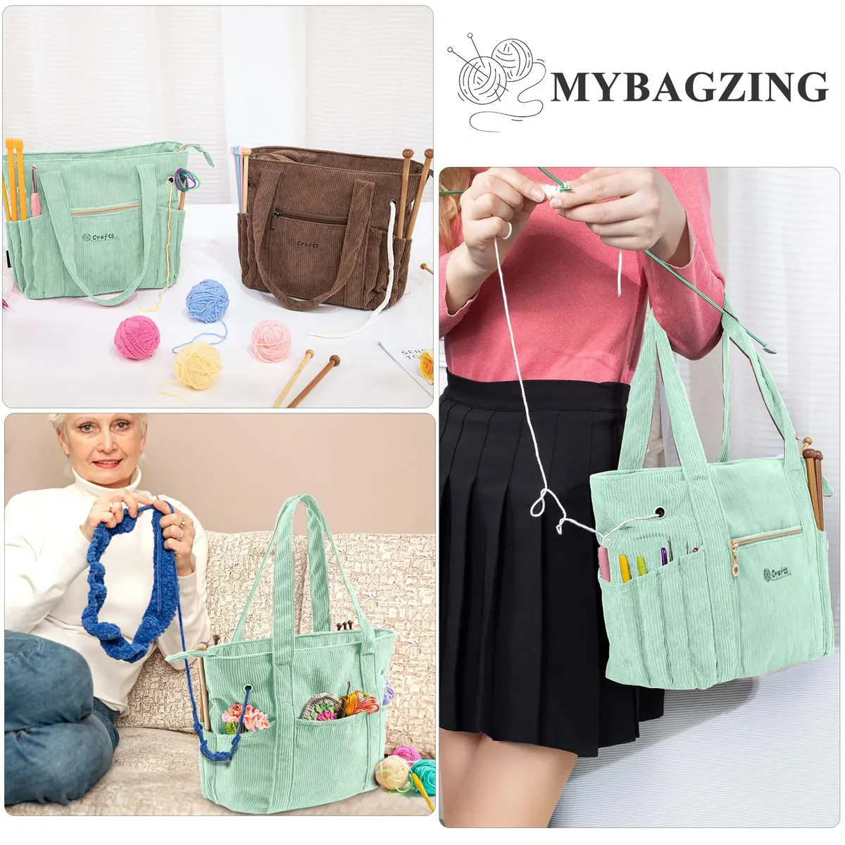MYBAGZING Corduroy Crochet Bag 11.5" Large Yarn Storage Tote with Grommets | Stylish & Spacious Yarn Organizer for Knitters & Crocheters - view 7
