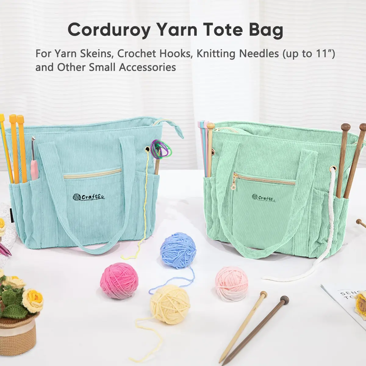 MYBAGZING Corduroy Crochet Bag 11.5" Large Yarn Storage Tote with Grommets | Stylish & Spacious Yarn Organizer for Knitters & Crocheters - view 2