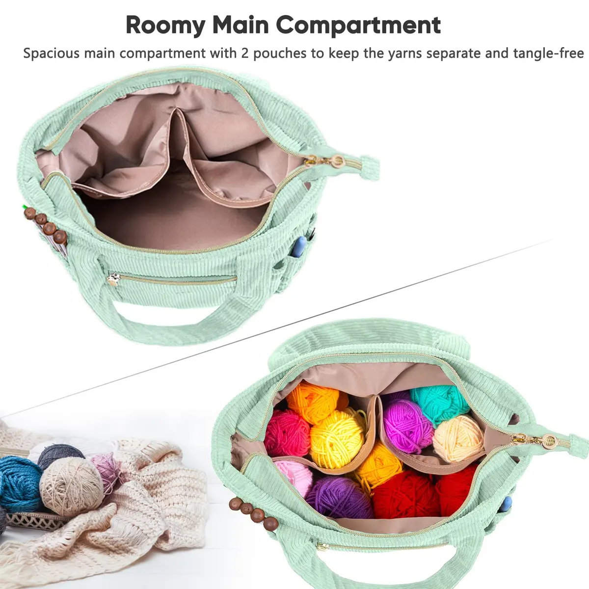 MYBAGZING Corduroy Crochet Bag 11.5" Large Yarn Storage Tote with Grommets | Stylish & Spacious Yarn Organizer for Knitters & Crocheters - view 3