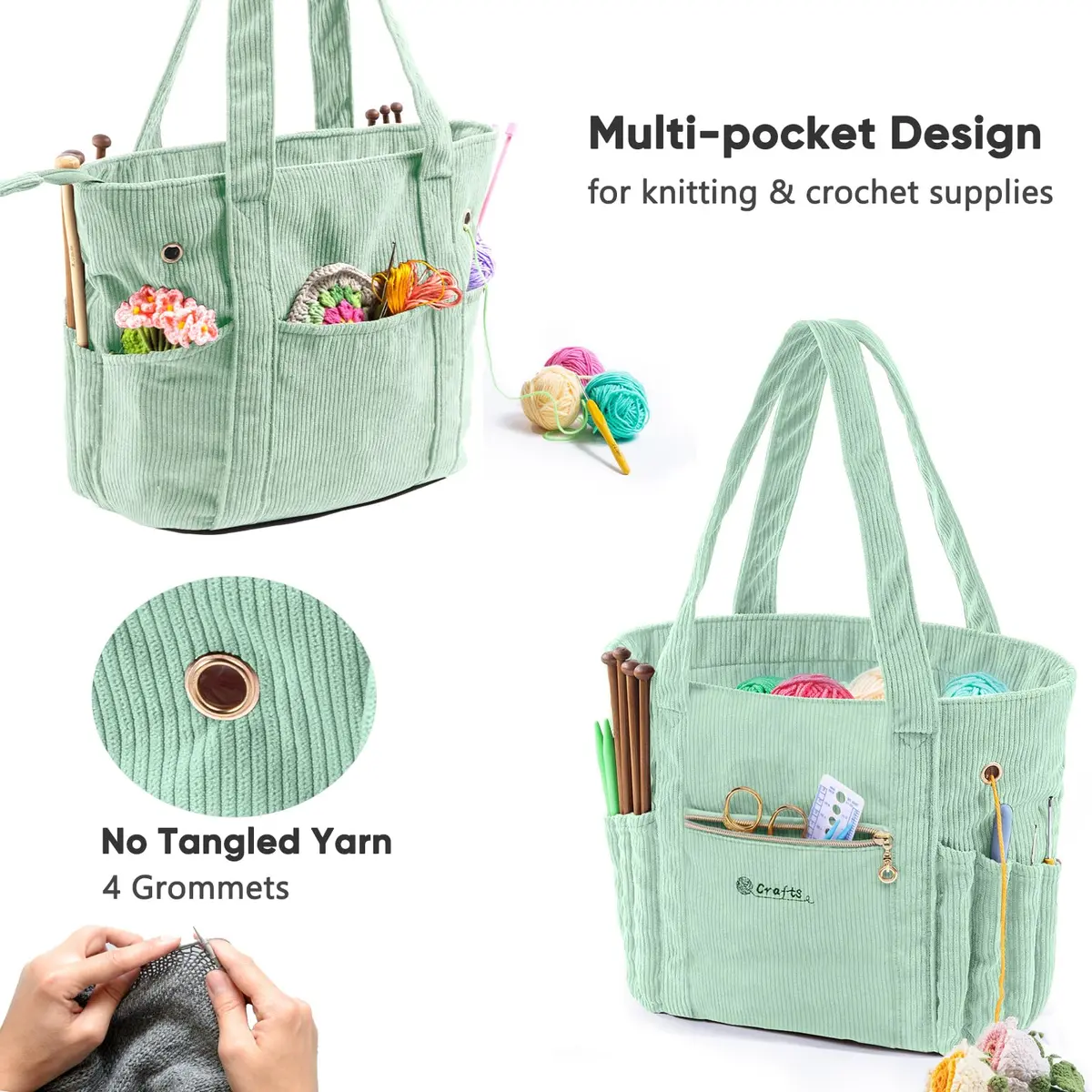 MYBAGZING Corduroy Crochet Bag 11.5" Large Yarn Storage Tote with Grommets | Stylish & Spacious Yarn Organizer for Knitters & Crocheters - view 4