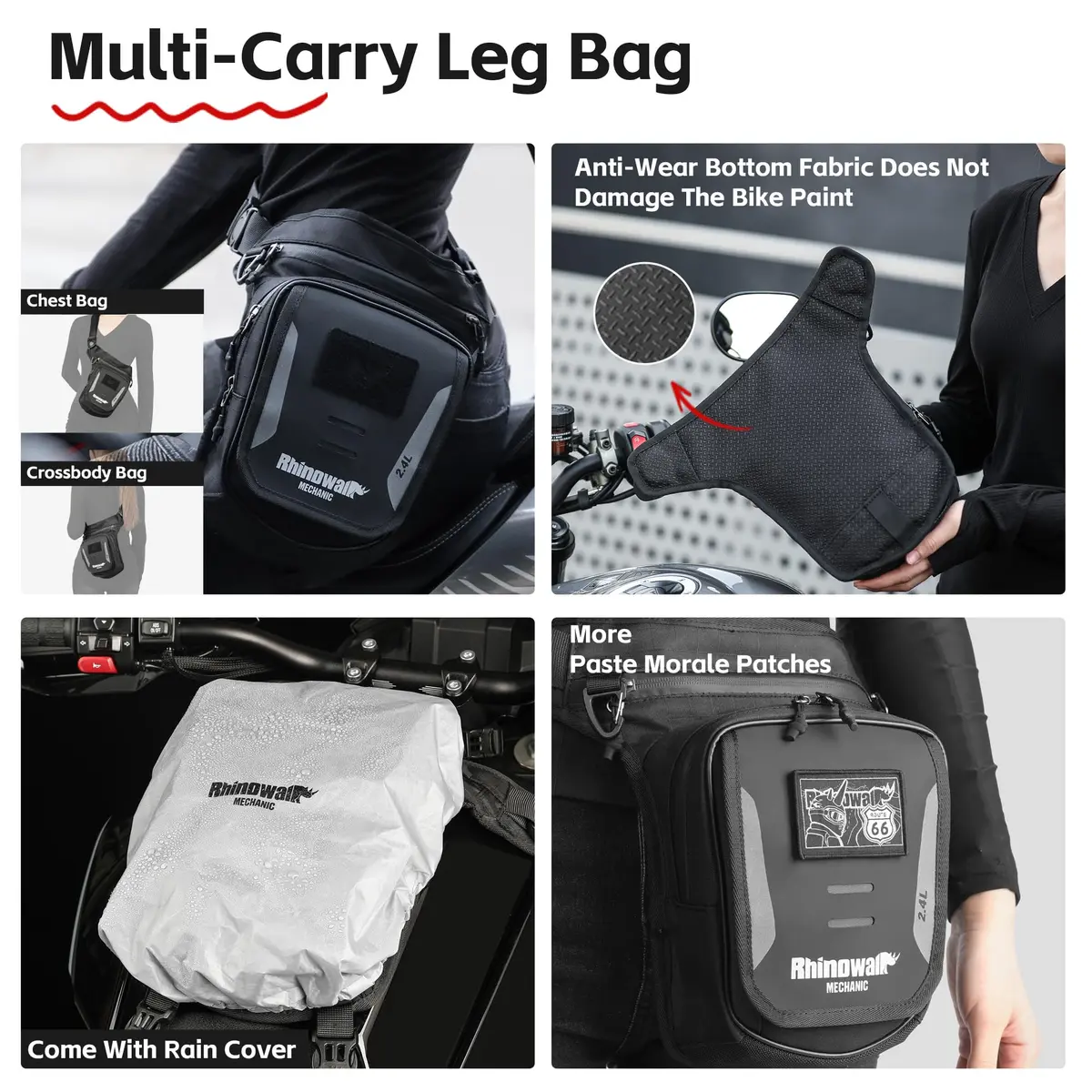 Rhinowalk Motorcycle Fuel Tank Bag, Magnetic Quick Release, Black, One Size | Multifunctional Leg & Waist Bag - view 3
