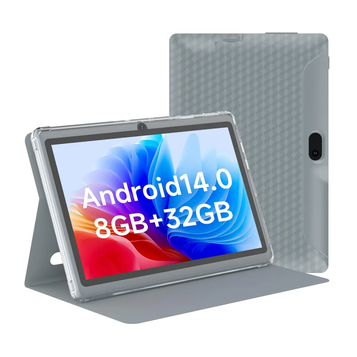 HOTTABLET 7-Inch Android 14 Tablet with Case, 8GB RAM + 32GB Storage, 1024x600 IPS Display, Dual Cameras, Bluetooth 5.0 WiFi Tab (Gray) - main product image
