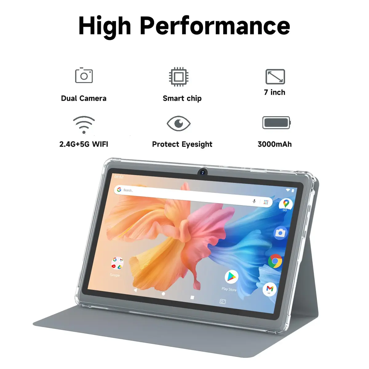 HOTTABLET 7-Inch Android 14 Tablet with Case, 8GB RAM + 32GB Storage, 1024x600 IPS Display, Dual Cameras, Bluetooth 5.0 WiFi Tab (Gray) - view 4