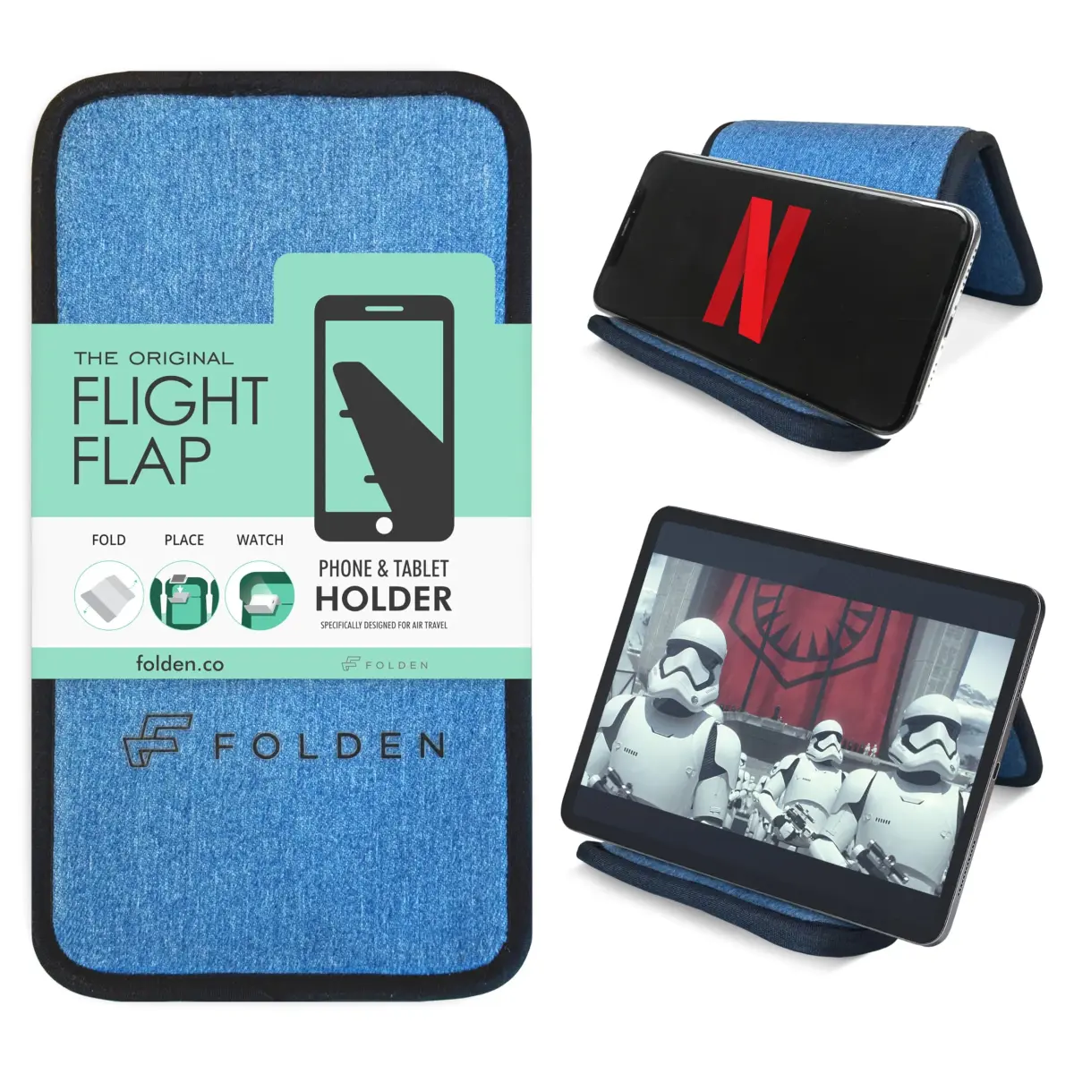 Flight Flap Large Denim Airplane Phone Holder | Flexible Portable Stand for Plane Travel - main product image