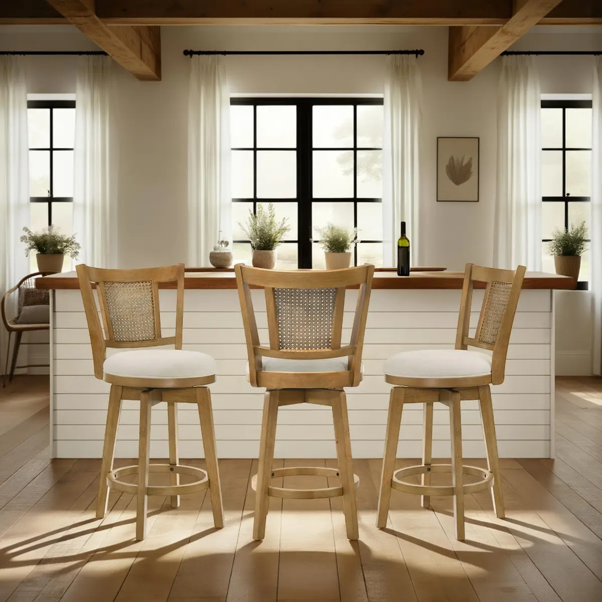 Armen Living Isla 30 in. Amber Glow Rubberwood Swivel Barstool with Ivory Fabric Seat | Elegant, Durable & Comfortable (70-120c) - view 4