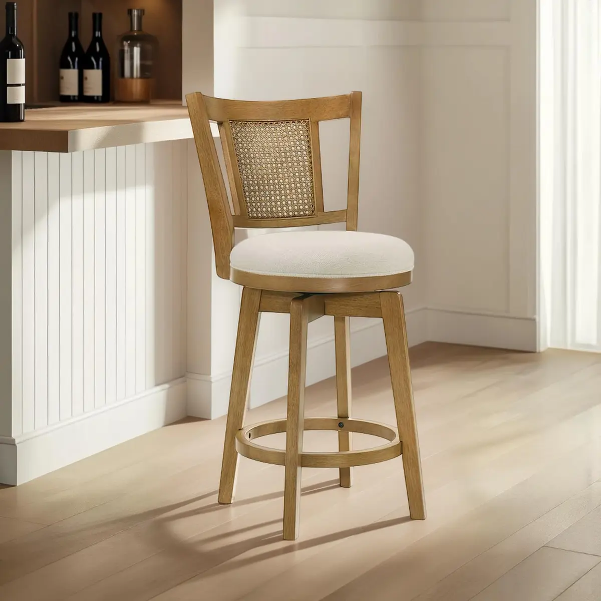 Armen Living Isla 30 in. Amber Glow Rubberwood Swivel Barstool with Ivory Fabric Seat | Elegant, Durable & Comfortable (70-120c) - view 2