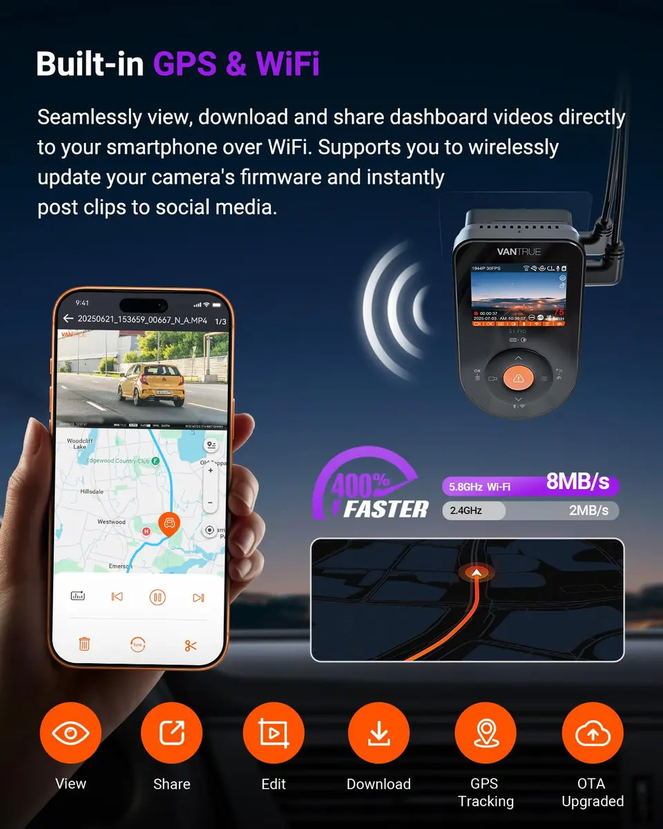 VANTRUE S1 Pro 2.7K STARVIS 2 Mini Dash Cam Front, ADAS AI Car Camera | 158° Wide, Night Vision, GPS, Wi-Fi - view 6