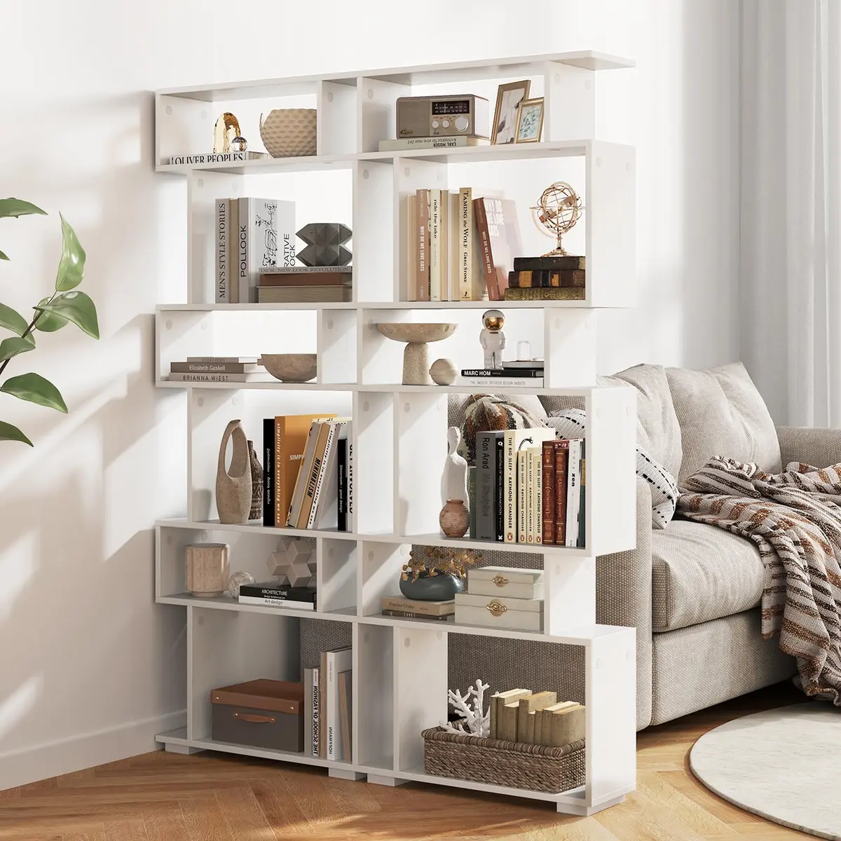 SILKYDRY 6 Tier S Shaped Bookshelf, Wood Geometric Bookcase, Modern Room Divider, 64" Tall, White - main product image