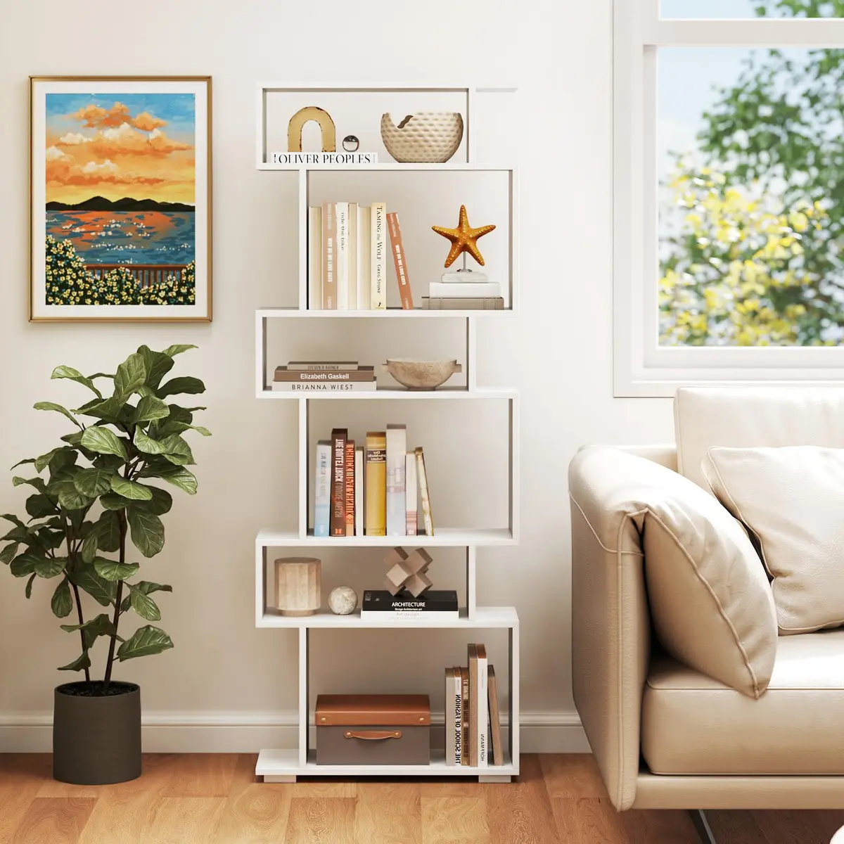 SILKYDRY 6 Tier S Shaped Bookshelf, Wood Geometric Bookcase, Modern Room Divider, 64" Tall, White - view 6