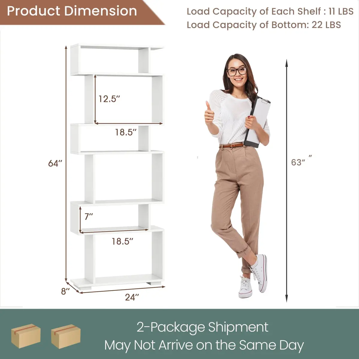 SILKYDRY 6 Tier S Shaped Bookshelf, Wood Geometric Bookcase, Modern Room Divider, 64" Tall, White - view 2