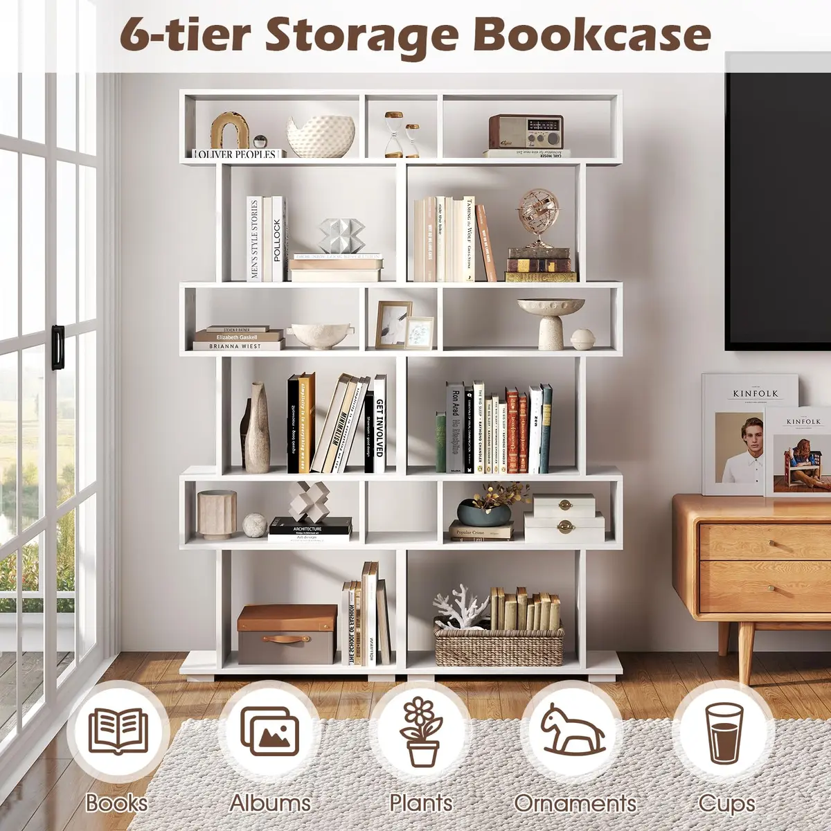 SILKYDRY 6 Tier S Shaped Bookshelf, Wood Geometric Bookcase, Modern Room Divider, 64" Tall, White - view 3