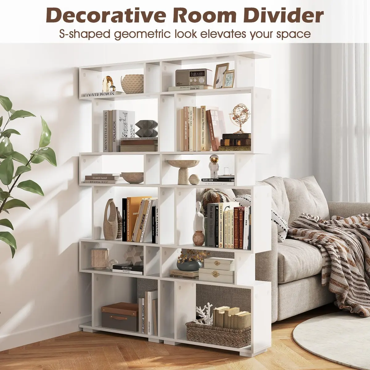SILKYDRY 6 Tier S Shaped Bookshelf, Wood Geometric Bookcase, Modern Room Divider, 64" Tall, White - view 4
