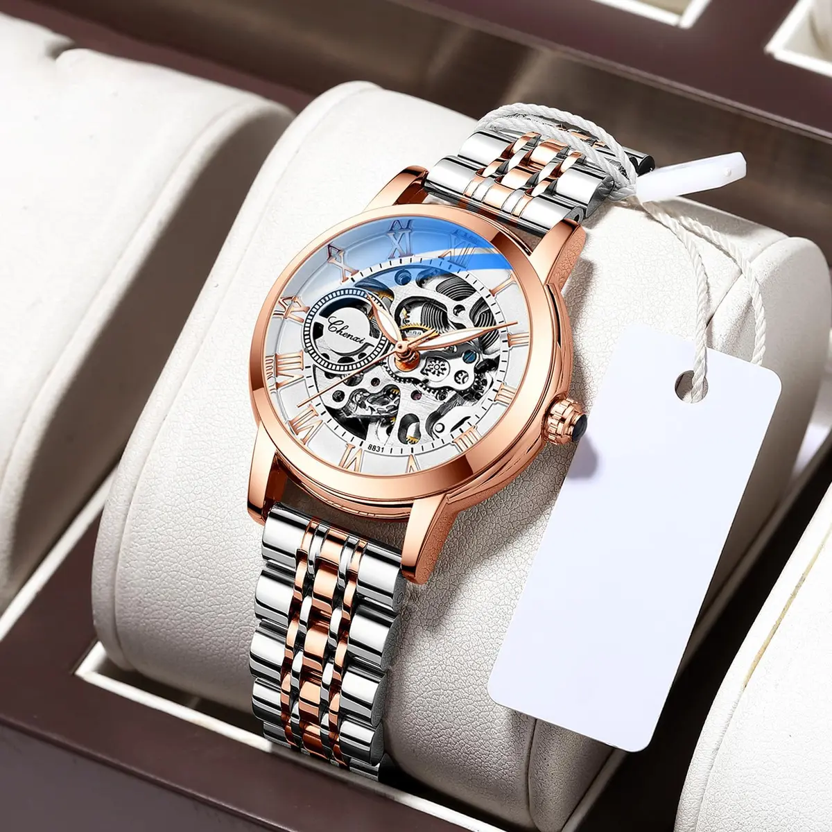 MASTOP Women's Sapphire Watches Automatic Steampunk Self Winding Mechanical Gold Bracelet 34mm | Skeleton Wrist Watch Leather Strap - view 6