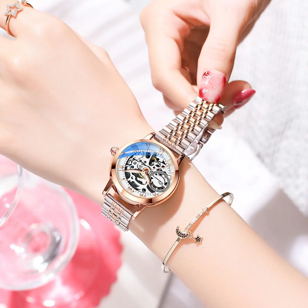 MASTOP Women's Sapphire Watches Automatic Steampunk Self Winding Mechanical Gold Bracelet 34mm | Skeleton Wrist Watch Leather Strap - view 7