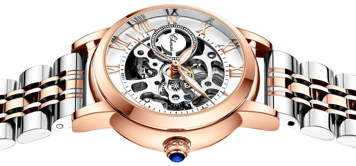MASTOP Women's Sapphire Watches Automatic Steampunk Self Winding Mechanical Gold Bracelet 34mm | Skeleton Wrist Watch Leather Strap - view 2