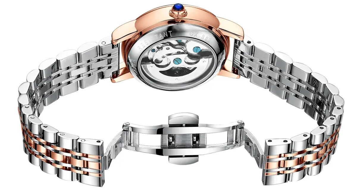 MASTOP Women's Sapphire Watches Automatic Steampunk Self Winding Mechanical Gold Bracelet 34mm | Skeleton Wrist Watch Leather Strap - view 3