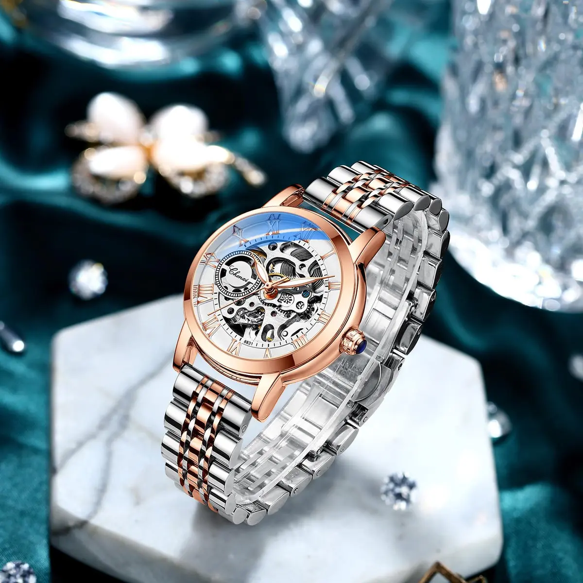 MASTOP Women's Sapphire Watches Automatic Steampunk Self Winding Mechanical Gold Bracelet 34mm | Skeleton Wrist Watch Leather Strap - view 4