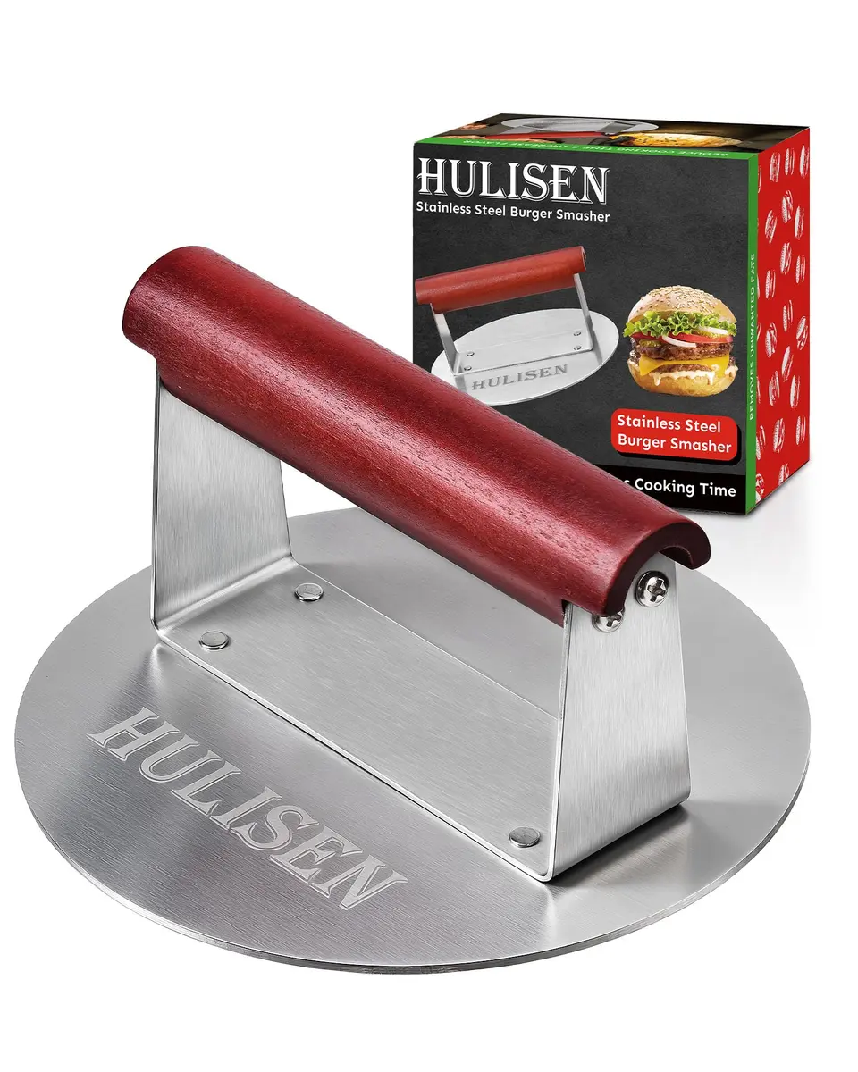 HULISEN Stainless Steel Burger Press 6.2-Inch Round | Effortless Crispy Patties with Wooden Handle - main product image