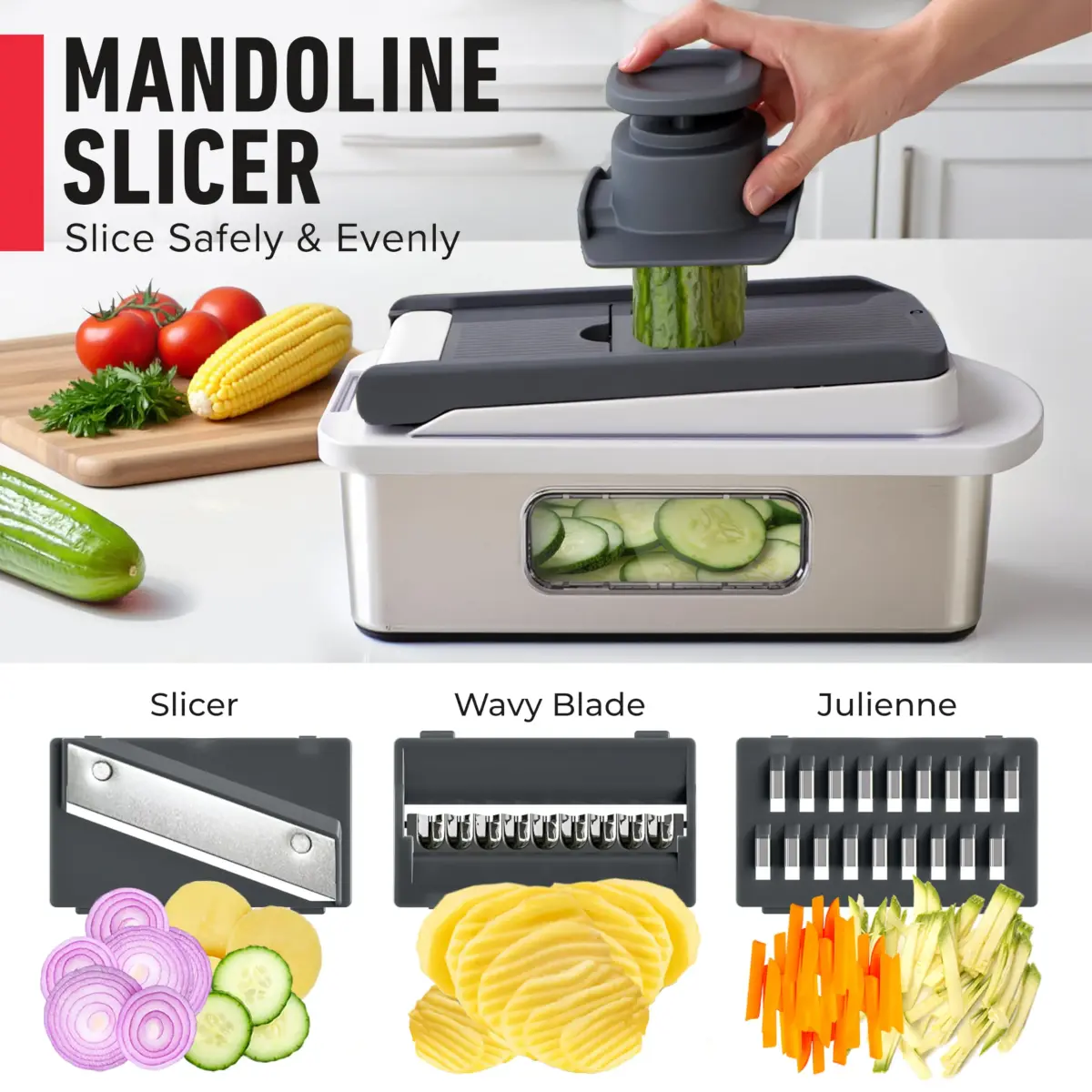 JANSKA Pro-Series 10-in-1 Multi Vegetable Chopper & Mandoline Slicer, Stainless Steel Blades, 1.13 kg (2.5 lb) | 8 Blades for Chopping, Slicing, Julienne & More - view 6