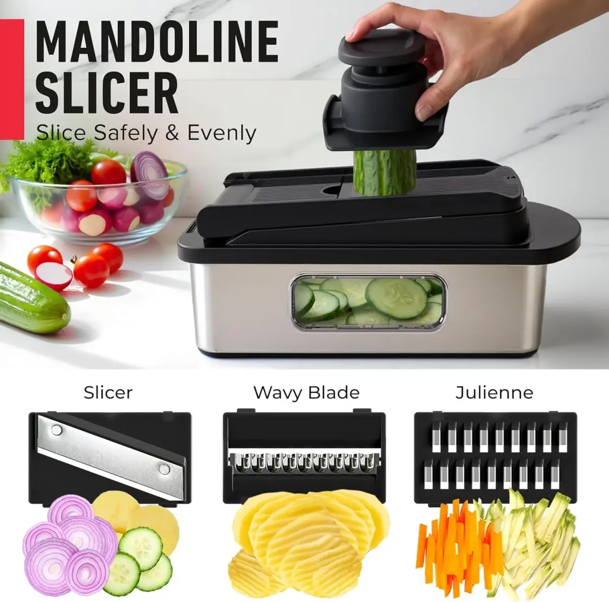 JANSKA Pro-Series 10-in-1 Stainless Steel Multi Vegetable Chopper & Mandoline Slicer | 1.13 kg (2.5 lb) Stainless Steel/Black - view 6