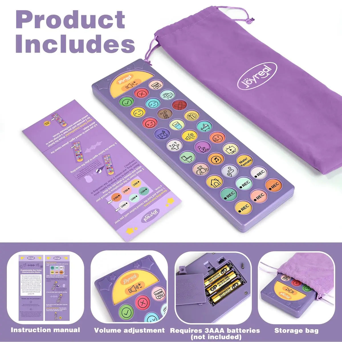 Joyreal AAC Device for Autism, Speech Therapy & Stroke Rehab Talking Aid with 23 Buttons & Adjustable Volume, Purple - view 7
