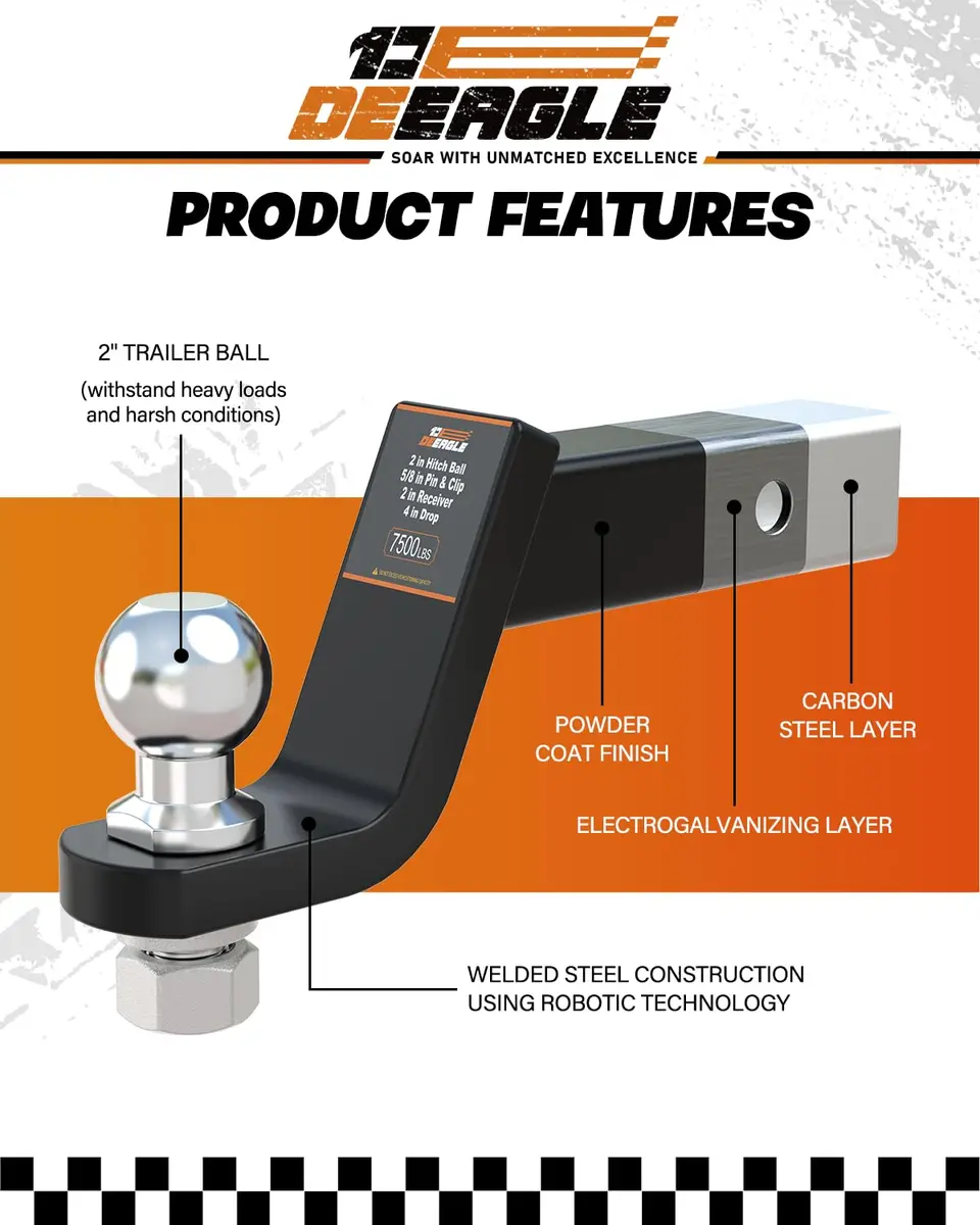 DEEAGLE 2-inch Ball Hitch with Pin, 4-inch Drop, 7500lbs GTW | Heavy Duty Steel Trailer Ball Mount - view 3