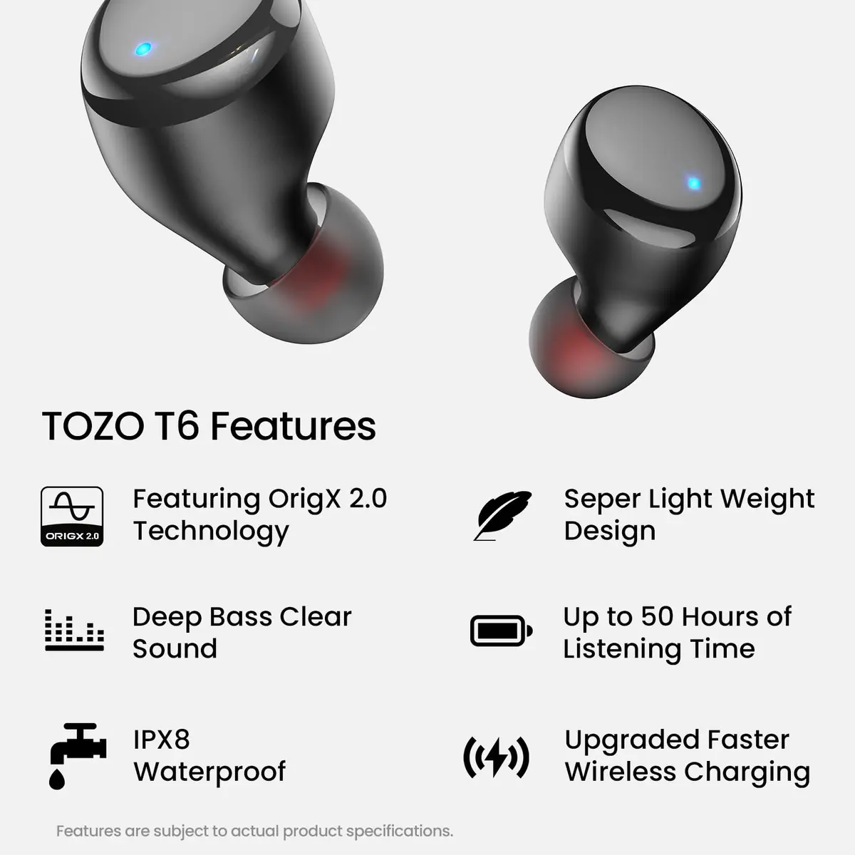 TOZO T6 Wireless Earbuds Bluetooth 5.3 Stereo Sound in Ear Headphones | 55H Playtime, IPX8 Waterproof, Wireless Charging - view 2