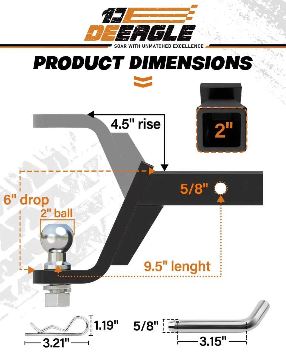 DEEAGLE 2 inch Ball Hitch with Pin, 7500lbs GTW 750lbs TW, 6 inch Drop, 4.5 inch Rise | Heavy Duty Steel Trailer Hitch Mount - view 2
