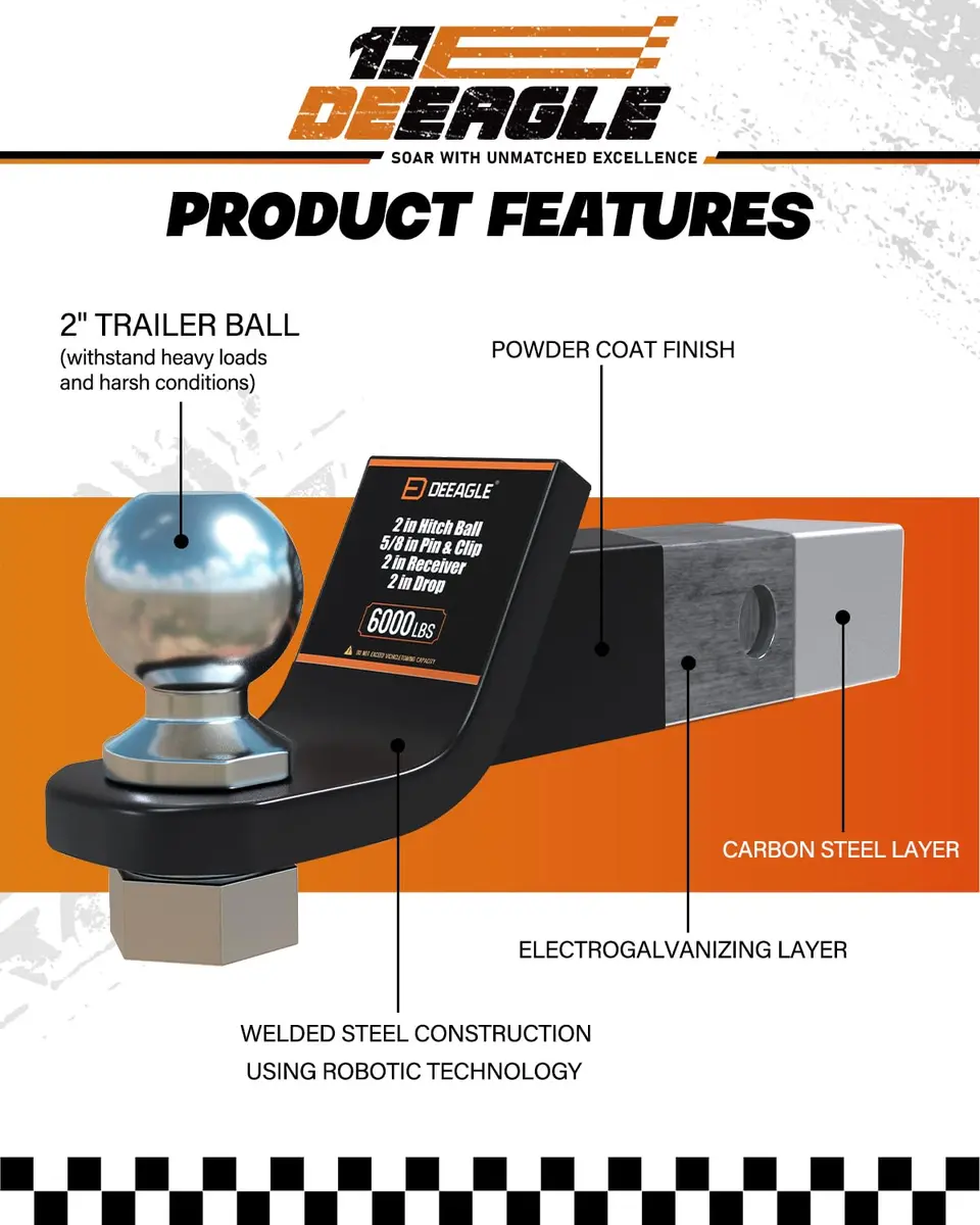 DEEAGLE 2 in Ball Hitch Heavy Duty Steel Receiver Hitch | 2" Drop & 6000 lbs Capacity - view 2