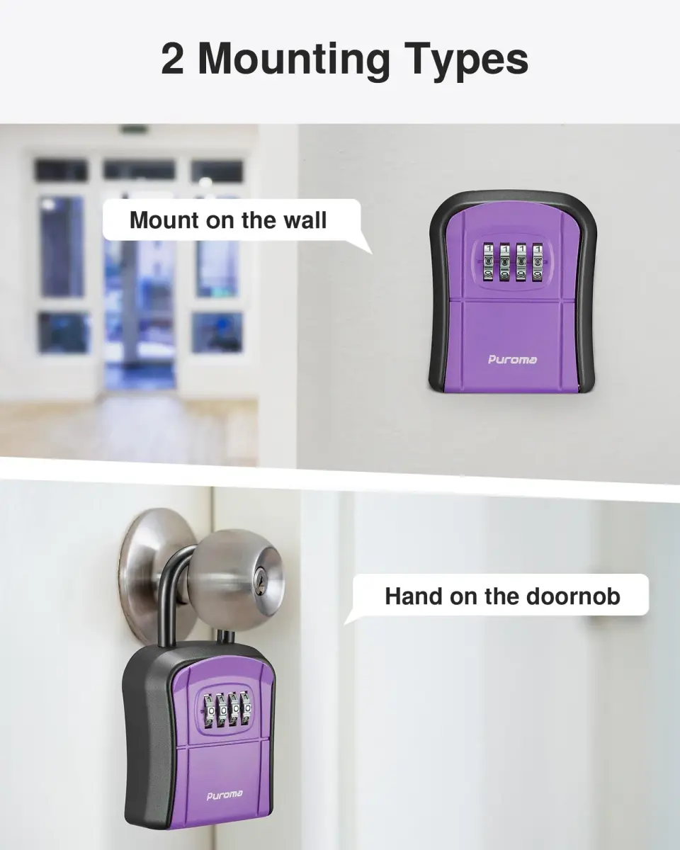 Puroma Outdoor Key Lock Box Purple 14.6cm (5.75 inch) | Resettable 4-Digit Combination Lockbox for Home Wall Mount - view 5