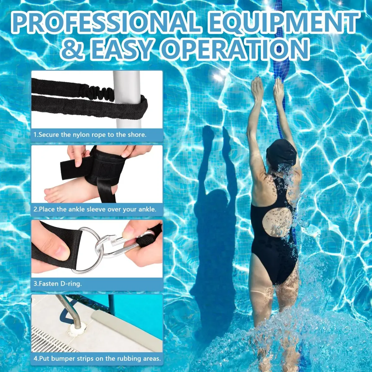 Hikeen Swim Ankle Straps 2-Pack | 4m Tether with Metal Buckle & Bumper Strips for Stationary Swim Training - view 5