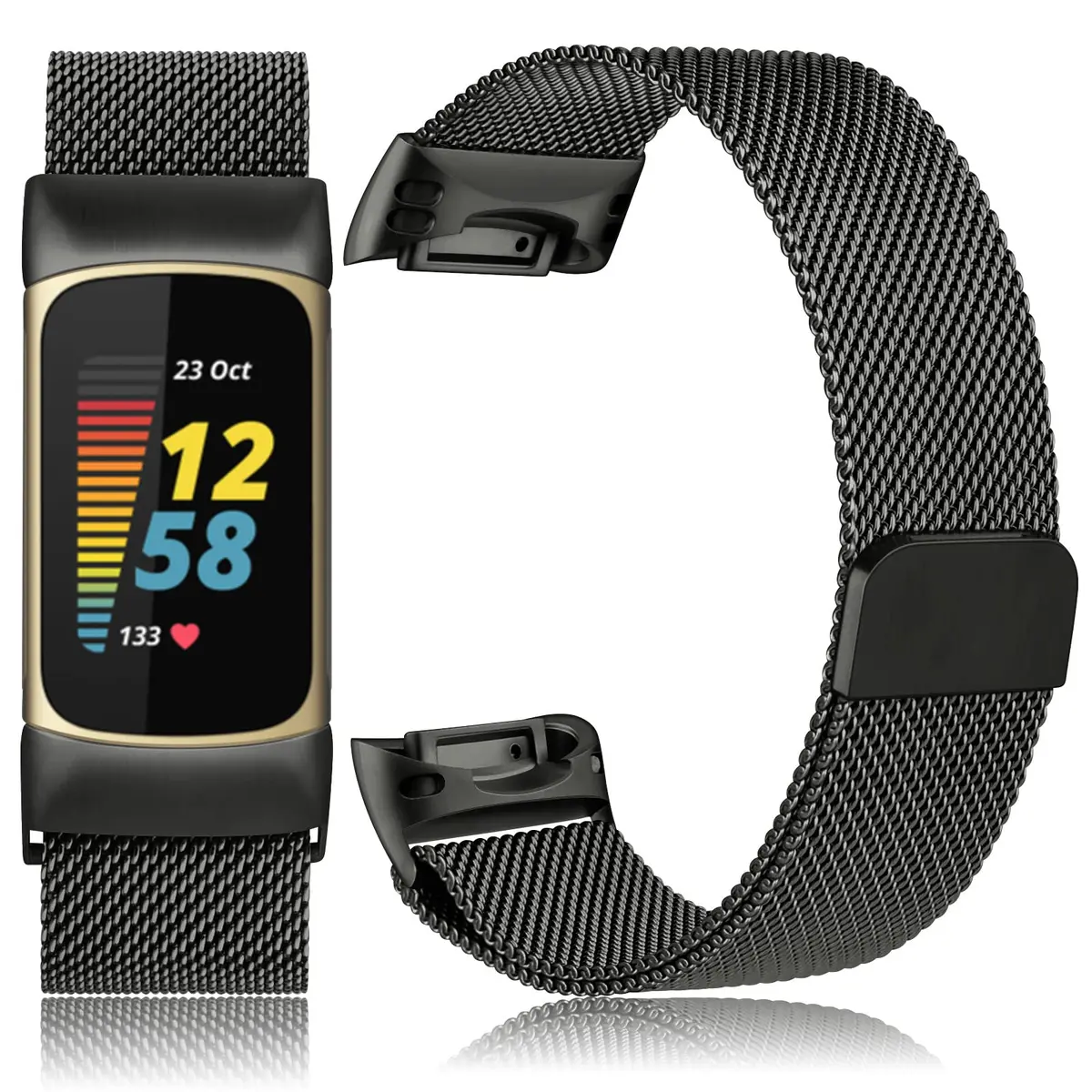 Meliya Stainless Steel Mesh Watch Band for Fitbit Charge 6 | Adjustable Magnetic Strap (Black) - view 2