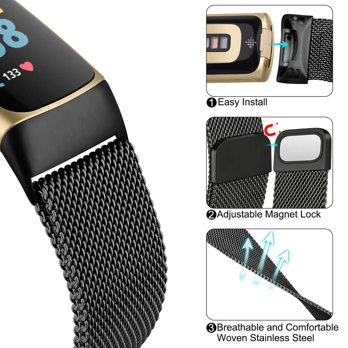 Meliya Stainless Steel Mesh Watch Band for Fitbit Charge 6 | Adjustable Magnetic Strap (Black) - view 3