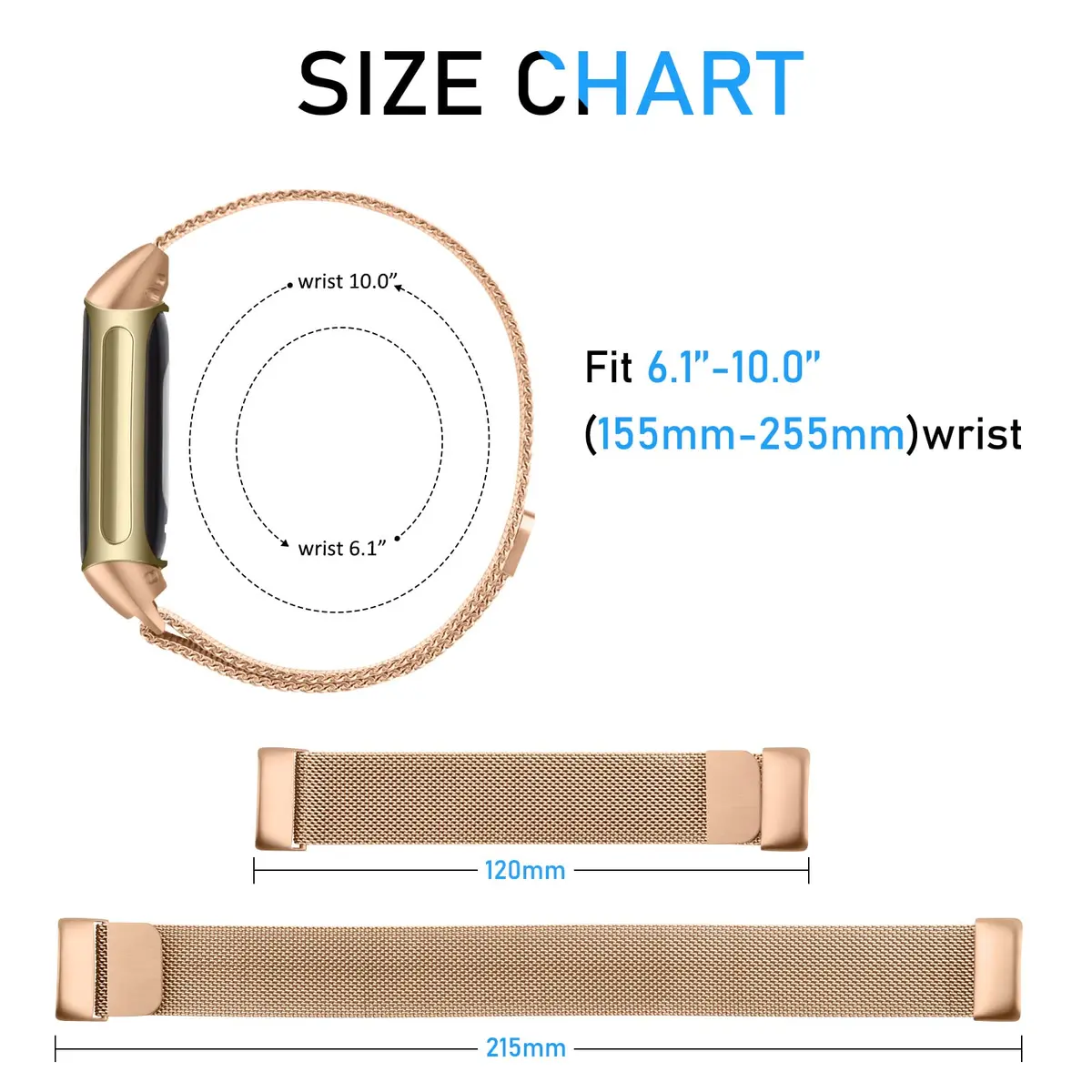 Meliya Fitbit Charge 6 Bands Stainless Steel Mesh Loop Rose Gold | Adjustable Magnetic Wristband - view 4