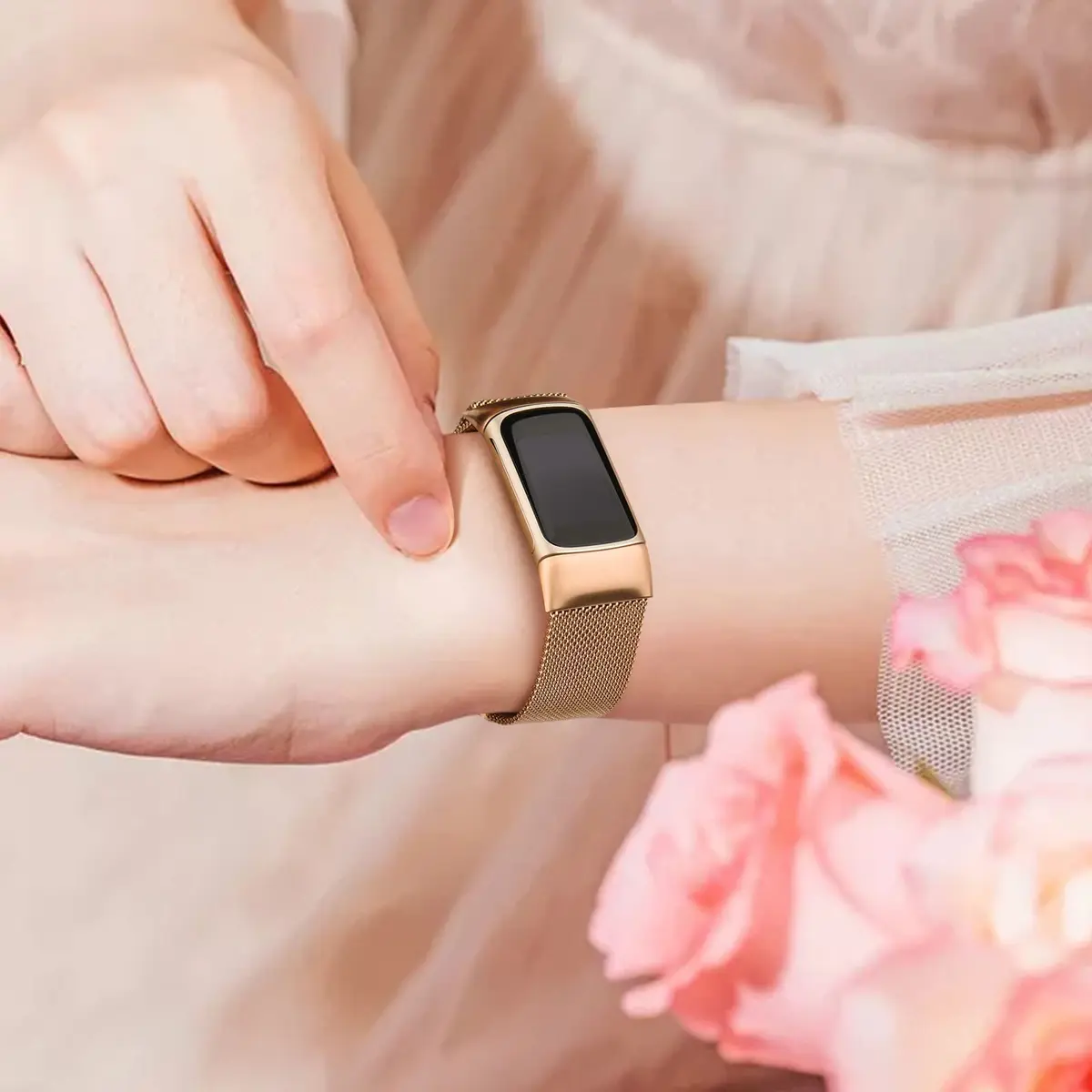 Meliya Fitbit Charge 6 Bands Stainless Steel Mesh Loop Rose Gold | Adjustable Magnetic Wristband - view 5