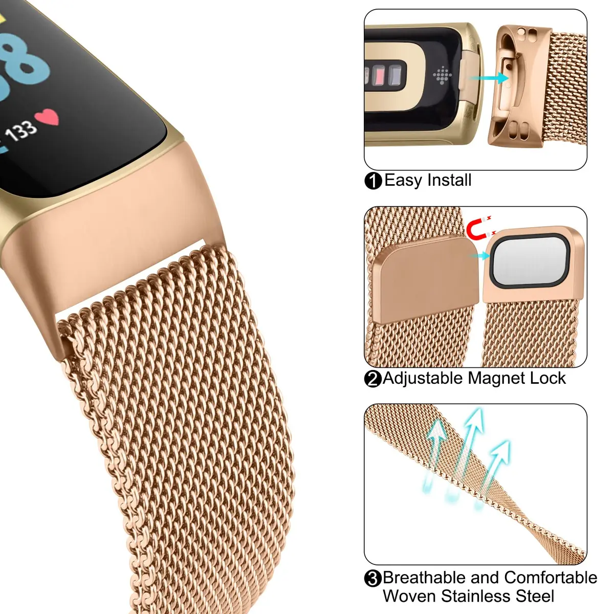Meliya Fitbit Charge 6 Bands Stainless Steel Mesh Loop Rose Gold | Adjustable Magnetic Wristband - view 3