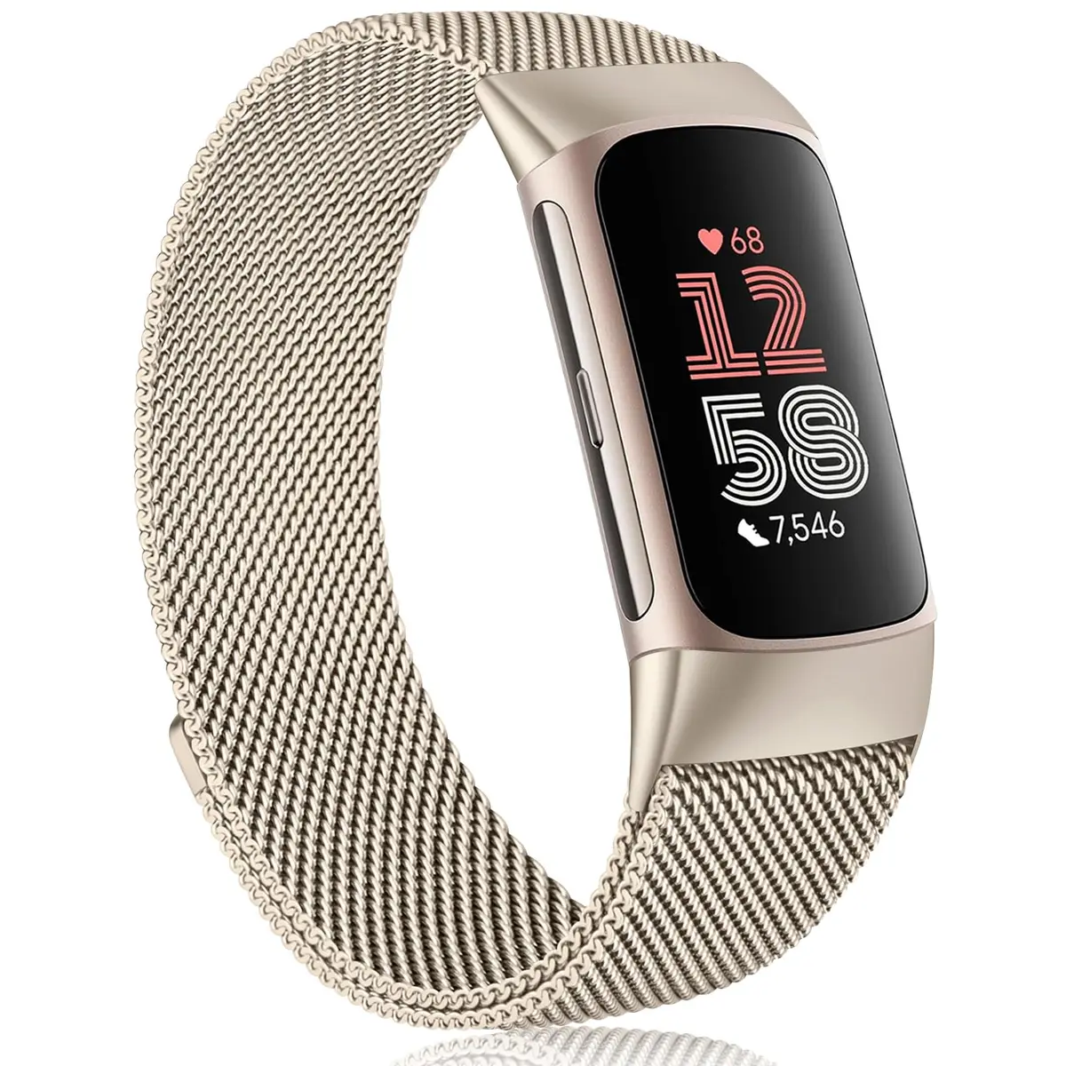 Meliya Fitbit Charge 6 Bands Stainless Steel Mesh Loop Adjustable Magnetic Wristband Champagne | Compatible & Durable - main product image