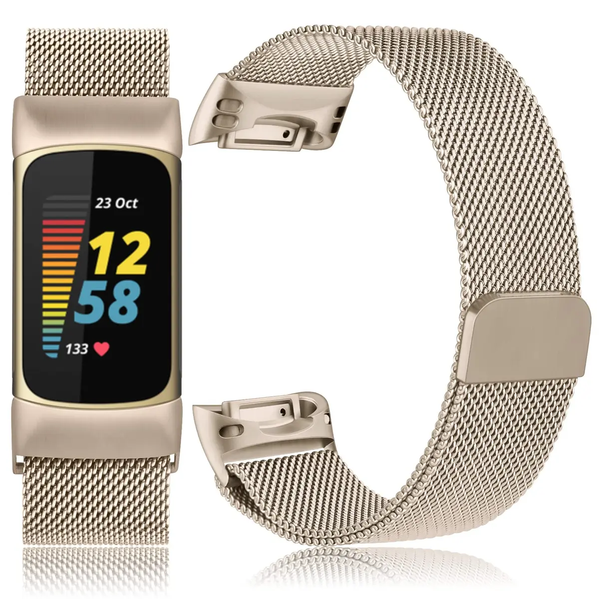Meliya Fitbit Charge 6 Bands Stainless Steel Mesh Loop Adjustable Magnetic Wristband Champagne | Compatible & Durable - view 2