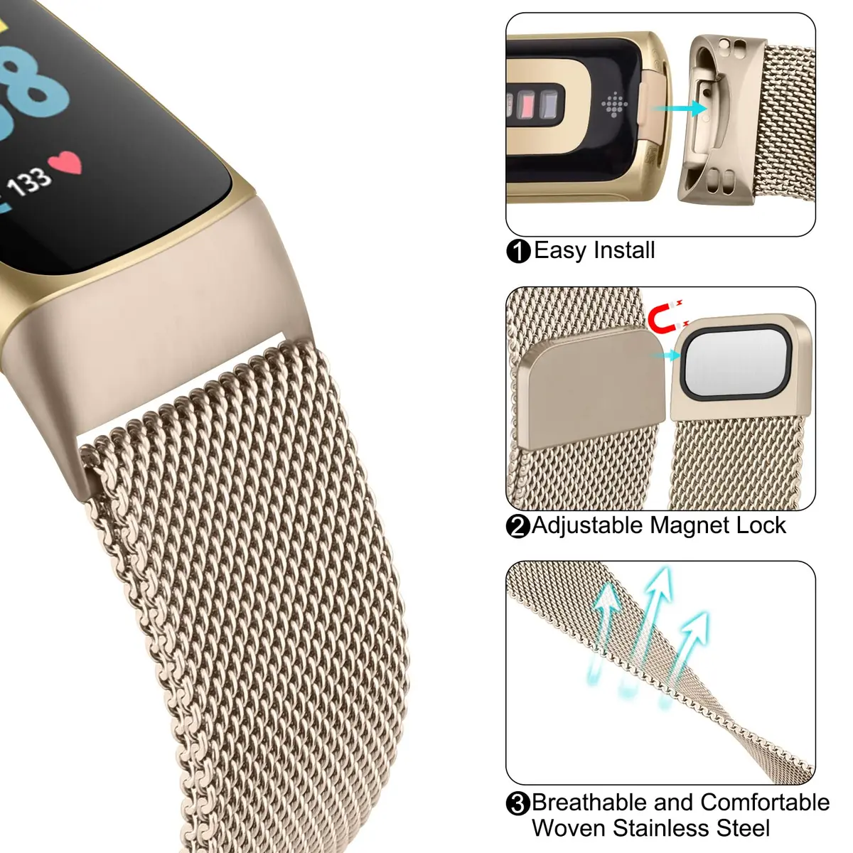 Meliya Fitbit Charge 6 Bands Stainless Steel Mesh Loop Adjustable Magnetic Wristband Champagne | Compatible & Durable - view 3