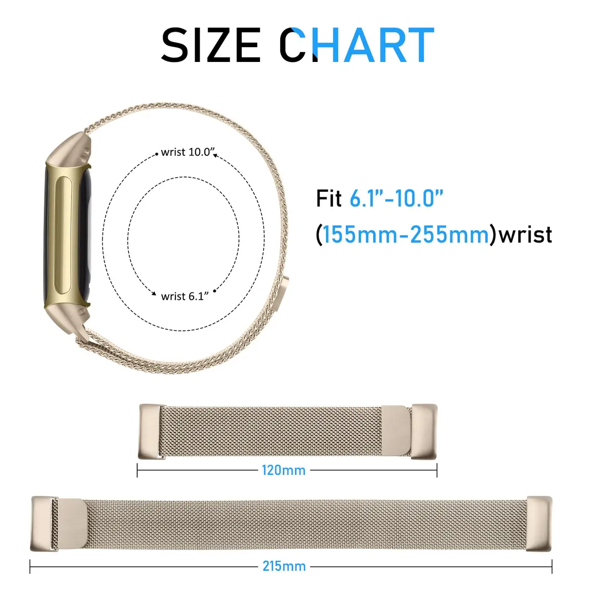 Meliya Fitbit Charge 6 Bands Stainless Steel Mesh Loop Adjustable Magnetic Wristband Champagne | Compatible & Durable - view 4